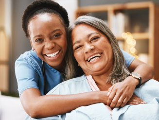 Senior care, hug and portrait of nurse with patient for medical help